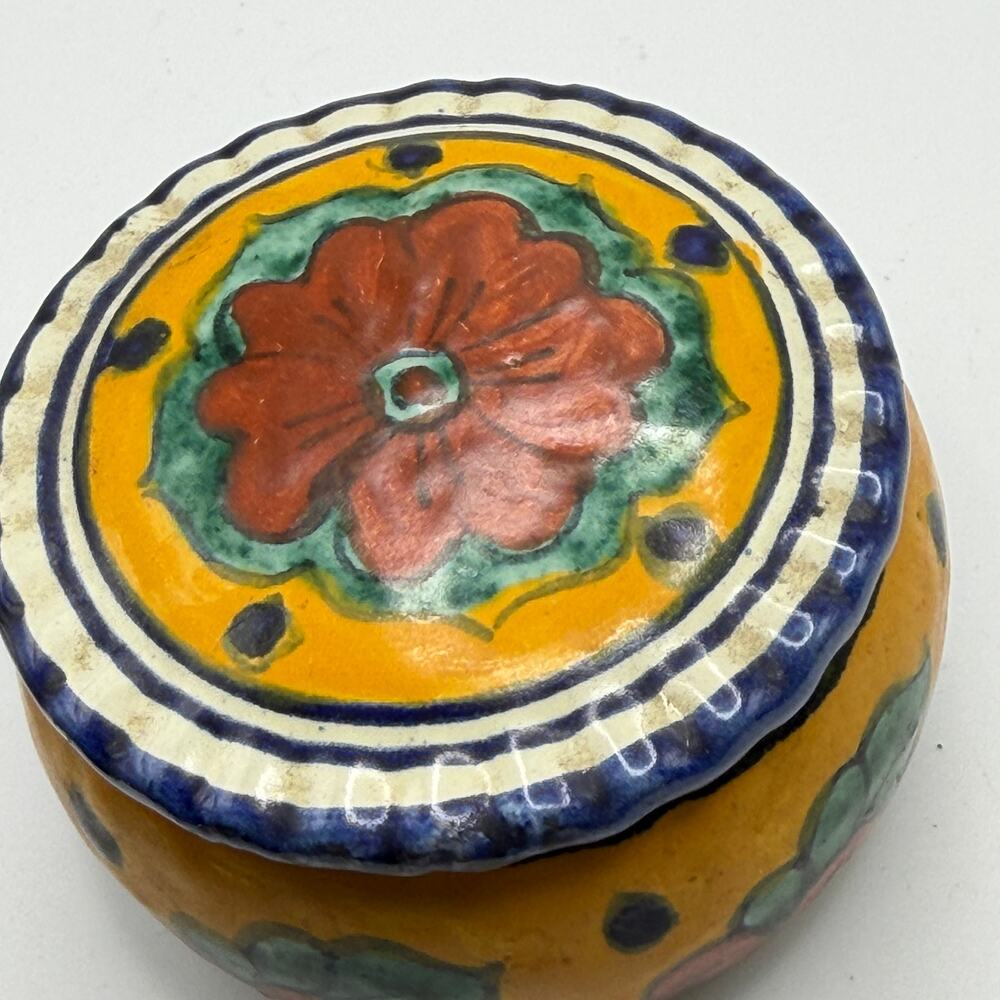 Tonalas Burnished Ceramic Trinket Box Mexican Pottery Hand Painted Floral Jar